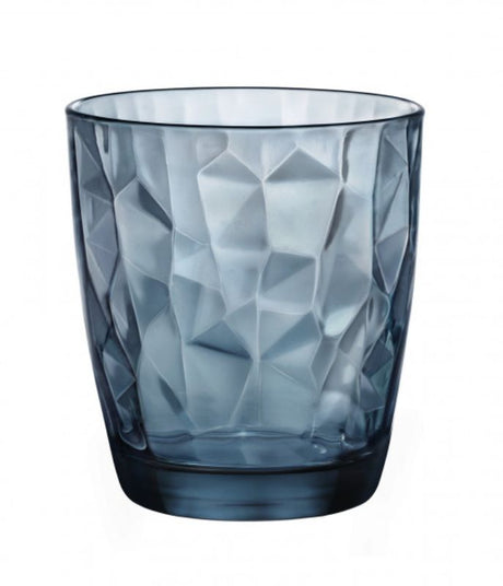 Set of 6 Bormioli Rocco Diamond DOF blue glasses, 300ml, featuring a stunning diamond cut design for elegant dining.