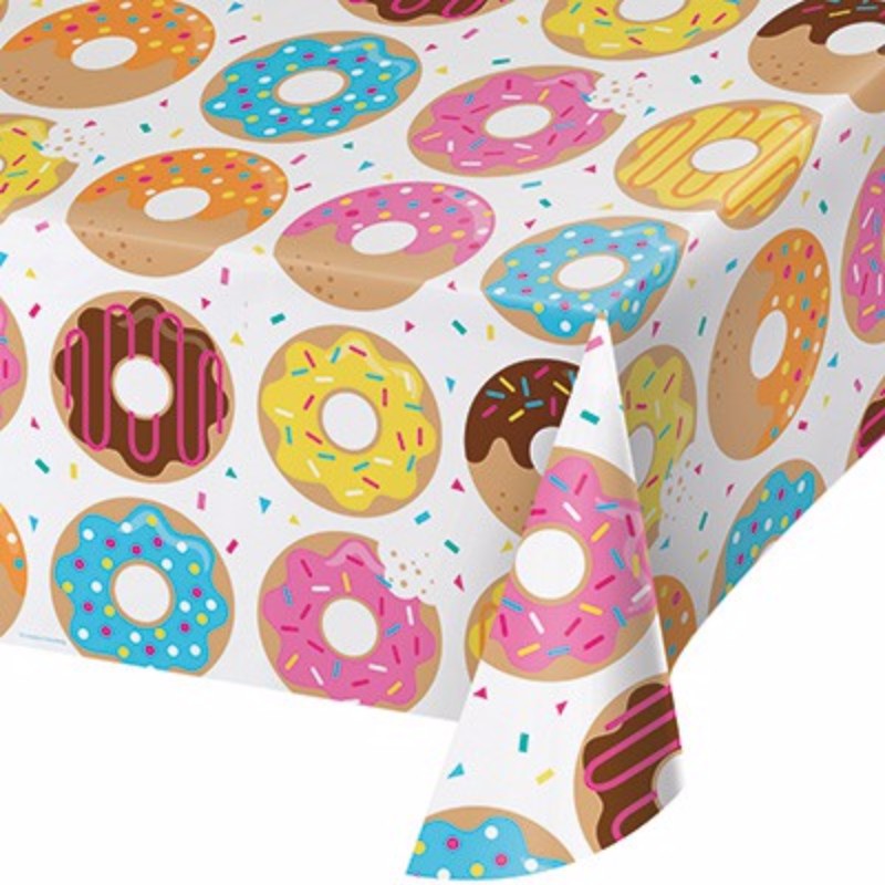 Vibrant Donut Time Tablecover featuring colorful donut prints, perfect for birthdays and dessert-themed parties.