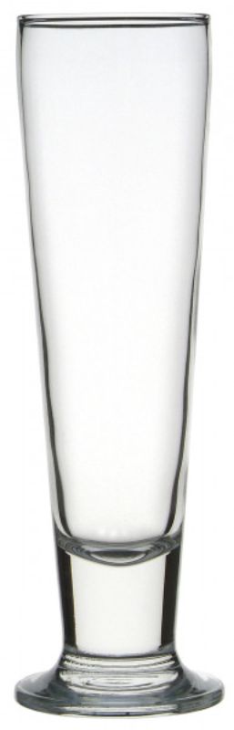 Set of 12 elegant Pasabahce footed pilsner glasses, 405ml capacity, ideal for enjoying ales and lagers with style.