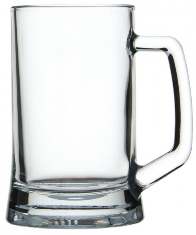 Set of 12 Pasabahce Munich Beer Mugs, 395ml each, featuring a classic design and sturdy handle for enjoying your favorite brews.