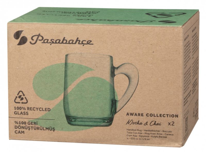 Eco-friendly Pasabahce Aware Mugs, 335ml, made from recycled glass, featuring Bosphorus Turquoise color and elegant design.