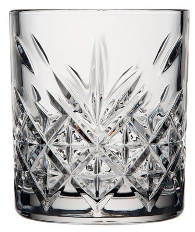 Set of 12 Pasabahce Timeless DOF tumblers, featuring elegant cut crystal design in durable, break-resistant glass.