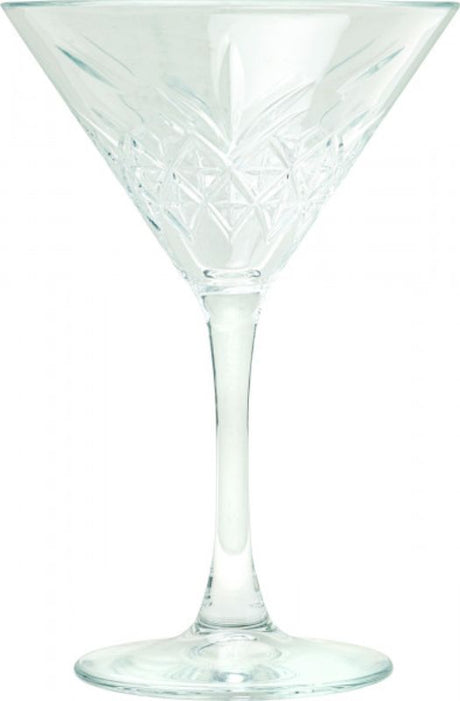 Set of 12 Pasabahce Timeless 230ml martini glasses, featuring elegant cut crystal design and durable thick glass.