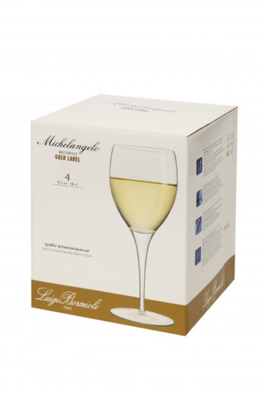 Elegant set of 4 Luigi Bormioli Michelangelo Gold wine glasses, crafted from lead-free crystal with refined stems for marvelous dining.