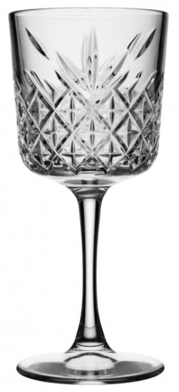 Set of 12 Pasabahce Timeless Wine tumblers, elegant cut crystal design in durable glass, perfect for wine and cocktails.