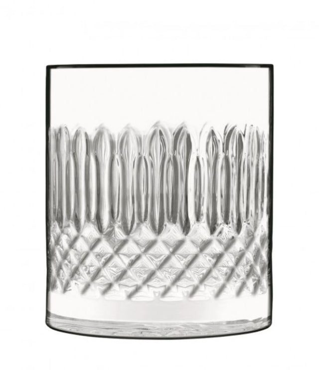 Set of 4 Luigi Bormioli Diamante DOF glasses, 380ml, featuring lead-free crystal, break-resistant design, and precision laser-cut rims.