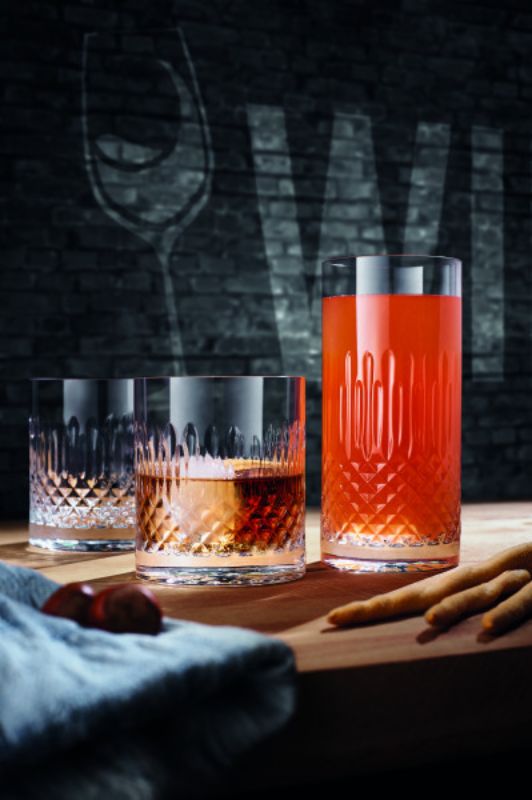 Elegant set of 4 Luigi Bormioli Diamante 380ml whiskey tumblers made from lead-free crystal, ideal for stylish drinking.