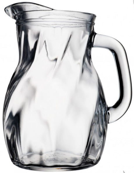 Elegant set of 6 Bormioli Rocco Bistro Twist 1L jugs, featuring dynamic lines for serving juices, cocktails, and more.