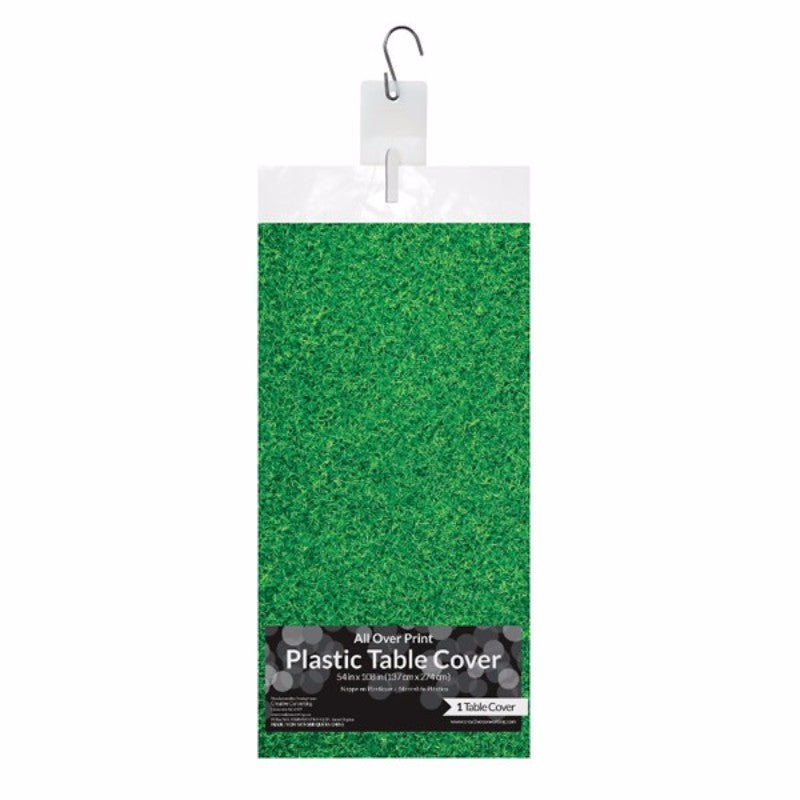 Vibrant grass-patterned plastic tablecover for soccer events, measuring 137cm x 274cm, perfect for parties and gatherings.