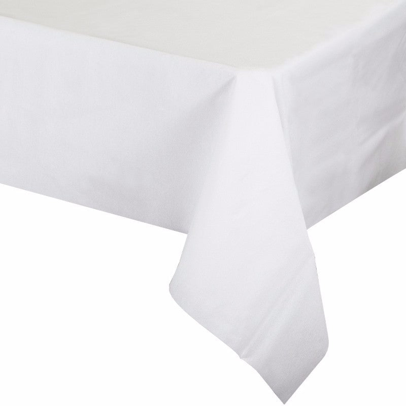 Elegant white airlaid paper tablecover (125cm x 270cm) combines luxury with disposable convenience for any occasion.