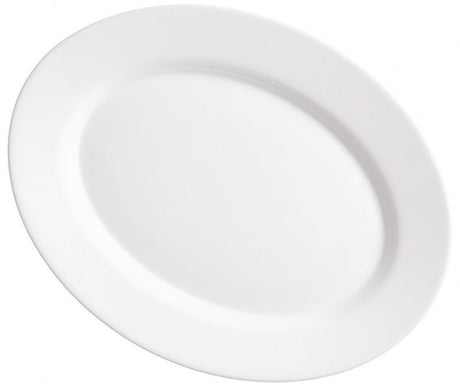 Elegant Bormioli Rocco Gusto oval plates in a set of 12, crafted from durable tempered opal glass for fine dining occasions.