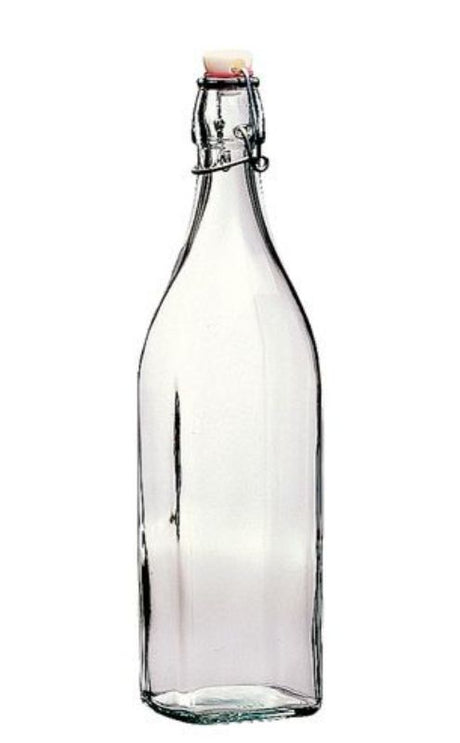 Set of 6 Bormioli Rocco 1L glass swing bottles with sleek design, leak-proof caps, and eco-friendly features for stylish hydration.