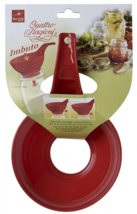 Set of 12 red plastic funnels designed for spill-free jar filling, heatproof, stain-resistant, and dishwasher-safe.