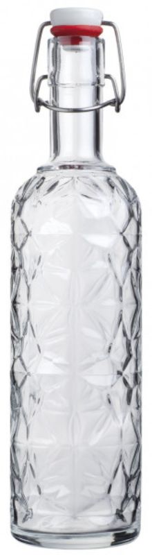 Set of 6 elegant Bormioli Rocco Oriente 1L glass bottles featuring a star design, perfect for serving beverages at events.