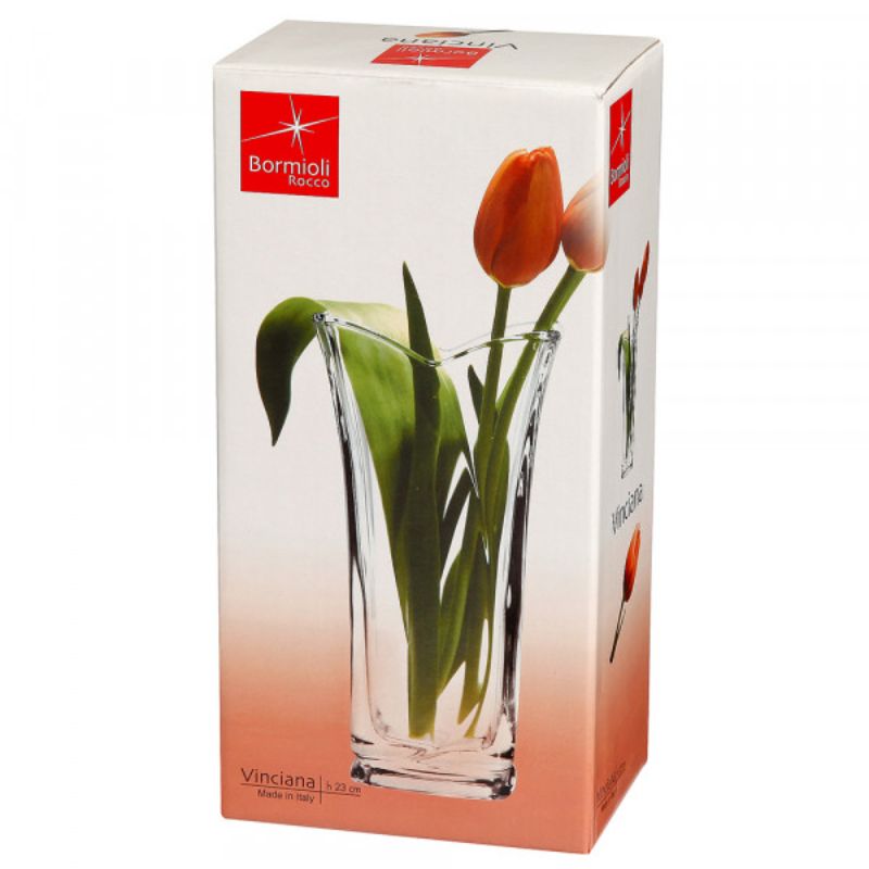 Set of 6 Bormioli Rocco Vinciana Vases, 23cm tall, modern cut glass design for showcasing vibrant flower arrangements.