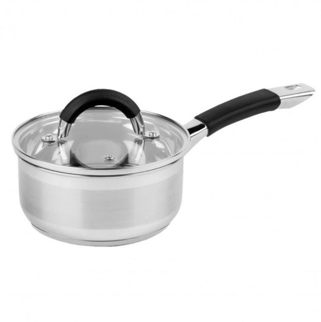 Stainless steel 16cm saucepan with glass lid, silicone handle, ideal for sauces, suitable for all cooktops, dishwasher safe.