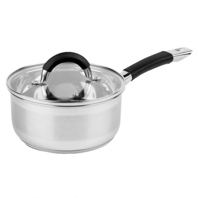 Premium 18cm stainless steel saucepan with an ergonomic handle, glass lid, and even heat distribution for perfect cooking.