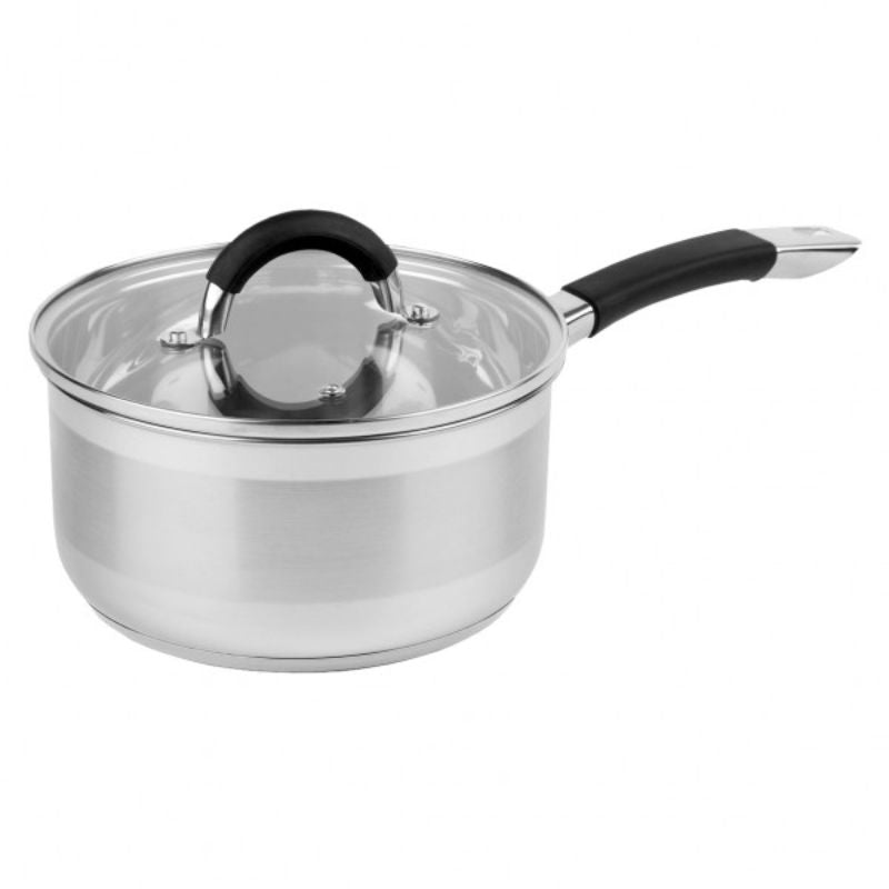 Stainless steel 20cm saucepan with silicone handle, glass lid, and even heat distribution for versatile cooking.