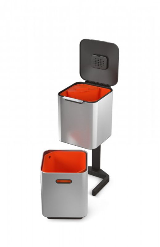 Joseph Joseph Totem Compact 40-litre stainless steel bin with dual 20-litre compartments for efficient waste and recycling management.