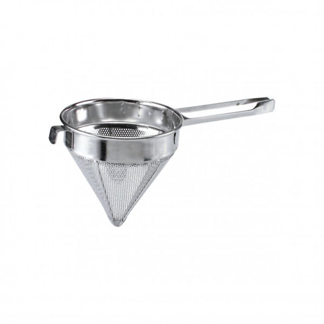 Chef Inox 200mm conical strainer in durable 18/8 stainless steel, featuring fine mesh for efficient liquid separation.