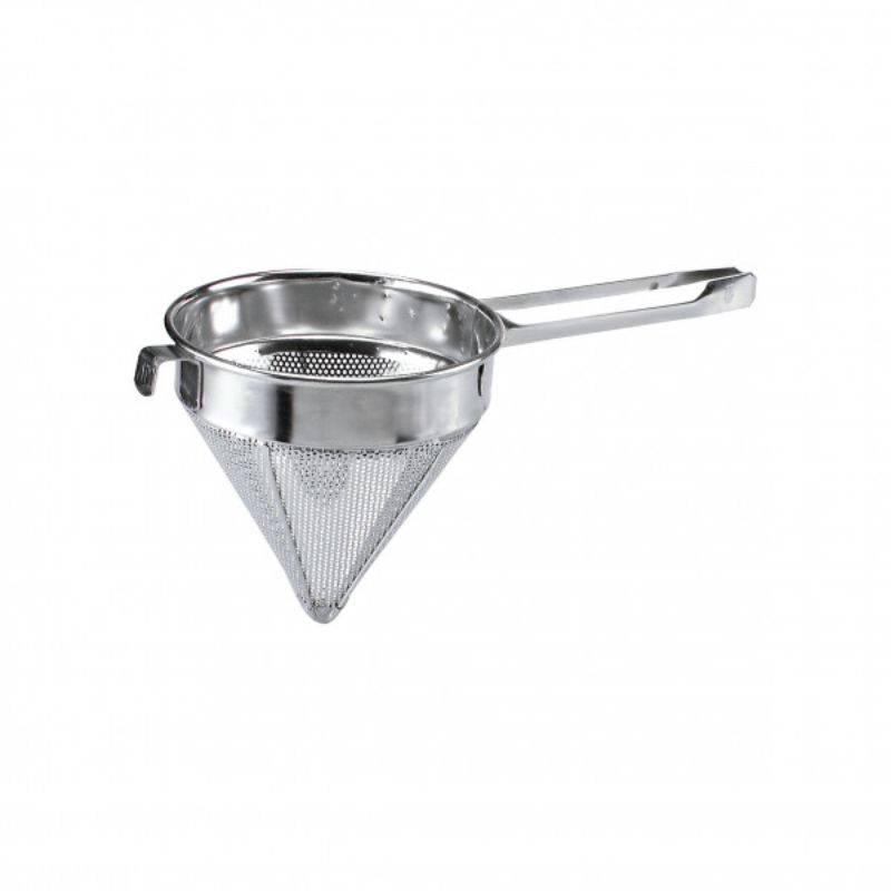 Utility conical strainer made of 18/8 stainless steel with a mirror finish, perfect for straining sauces and rinsing ingredients.