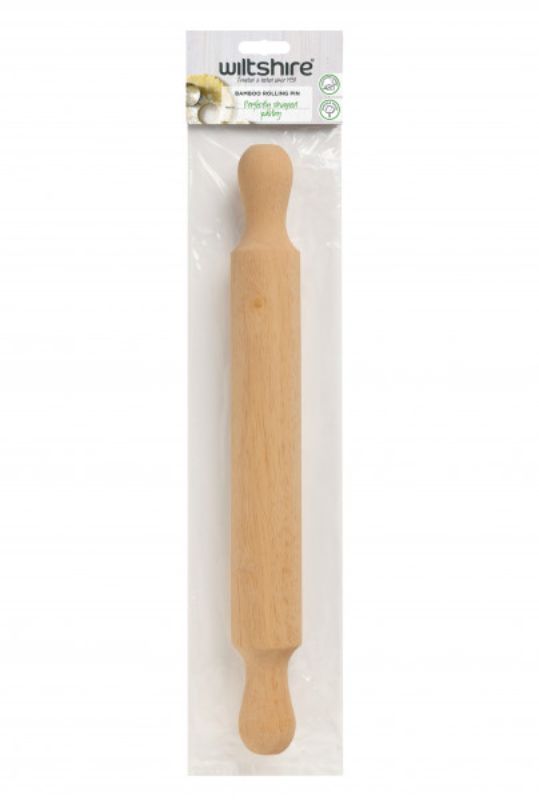 High-quality bamboo rolling pin with comfort handles, ideal for rolling dough for bread, pizza, and pastries. 38cm long.