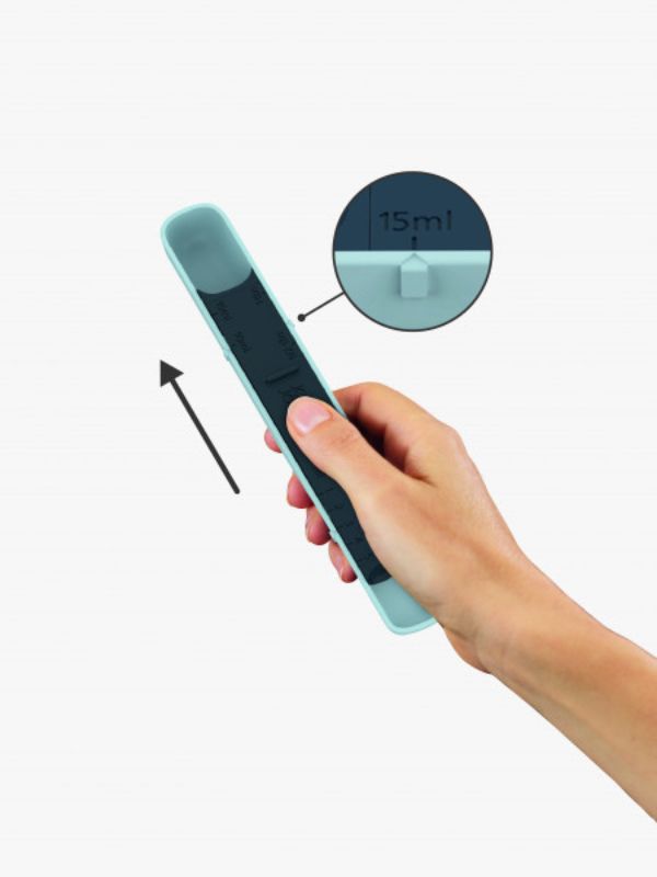 Joseph Joseph Measure-Up Measuring Spoon in blue, featuring adjustable size, easy-read indicators, and a space-saving design.