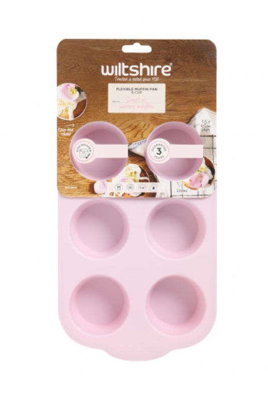 Flexible 6-cup muffin pan with non-stick surface for easy release, perfect for sweet or savory baking.