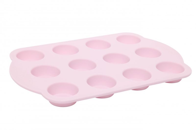 Flexible mini muffin pan with 12 cups, non-stick surface for easy bake and release of bite-sized treats.