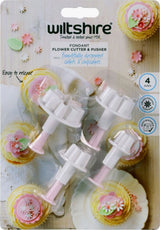 Durable plastic flower cutter set of 4 for creating lifelike fondant flowers, dishwasher safe for easy cleaning.