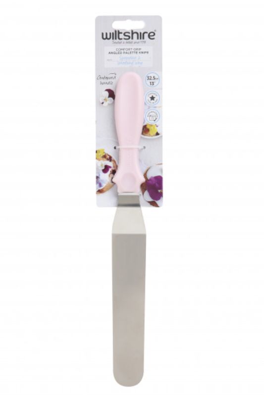 Angled pallet knife with ergonomic handle for seamless cake decorating and icing, ideal for bakers and cake enthusiasts.