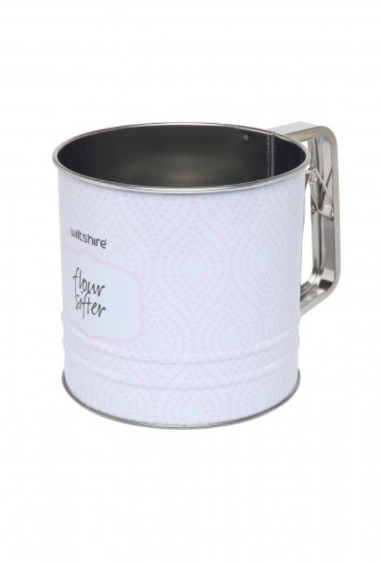 Elegant white tin sifter labeled 'Flour Sifter', ideal for aerating flour for lighter, fluffier baked goods.