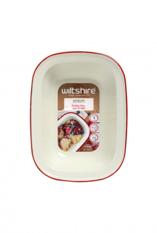 Wiltshire 26cm enamel pie dish with a vibrant red rim, ideal for baking and serving pies, durable, and easy to clean.