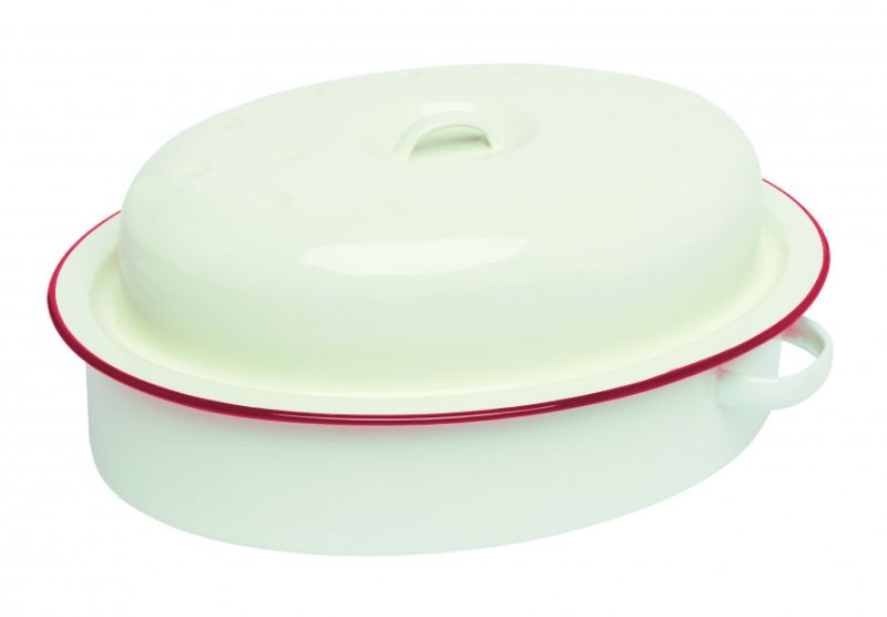 Enamel oval roaster with lid, red rim, 3L capacity, durable design for roasting, baking, and easy cleanup.