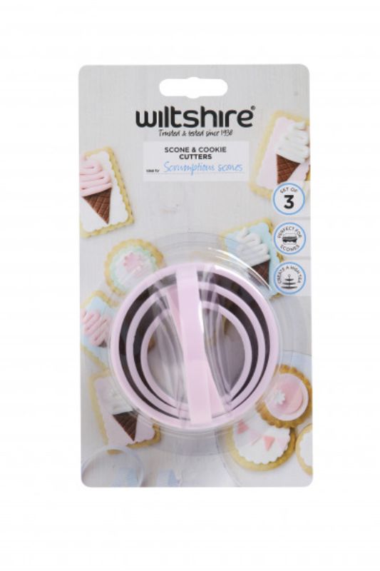 Pastel pink Wiltshire scone cutters set of 3, designed for perfect baking and stylish high tea presentation.