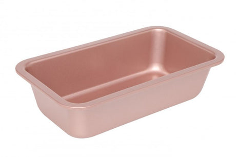 Elegant rose gold loaf pan designed for even baking, featuring a non-stick surface and embossed measurements for convenience.