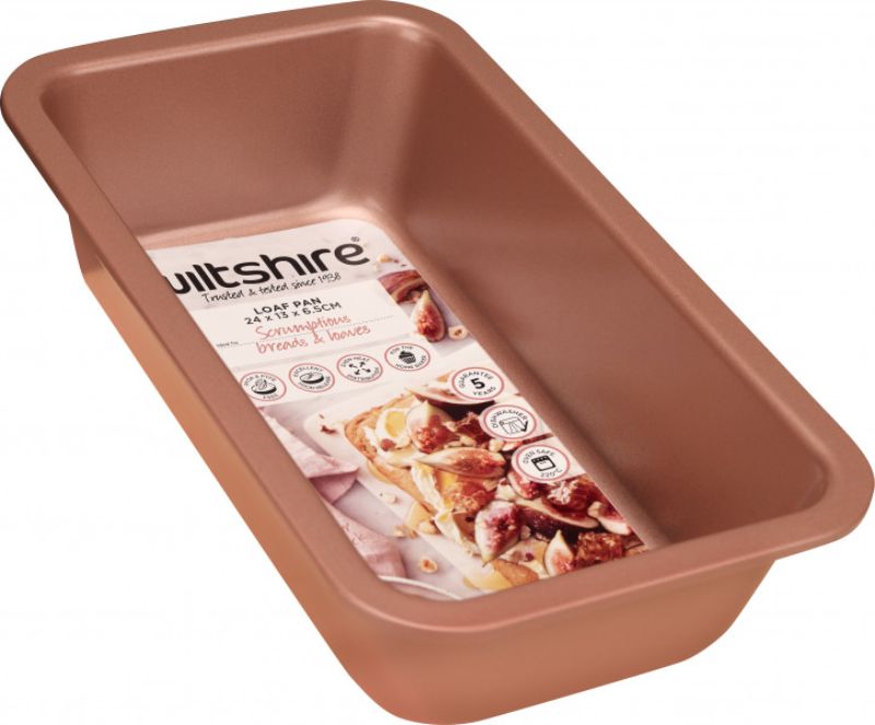 Rose gold loaf pan with non-stick surface, embossed measurements, and 6.5cm depth for perfect homemade loaves.