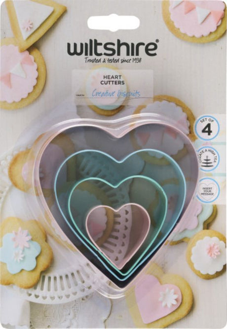 Set of 4 durable heart cookie cutters with grip tops, perfect for baking cookies, cakes, and treats for all occasions.