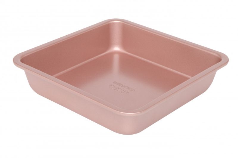 Rose gold 20cm square cake pan with non-stick coating, embossed measurements, and dishwasher safe for easy baking.