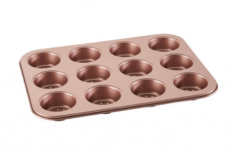 Wiltshire 12-cup perforated tart pan in rose gold for baking mini quiches and pastries with a non-stick, easy-release surface.