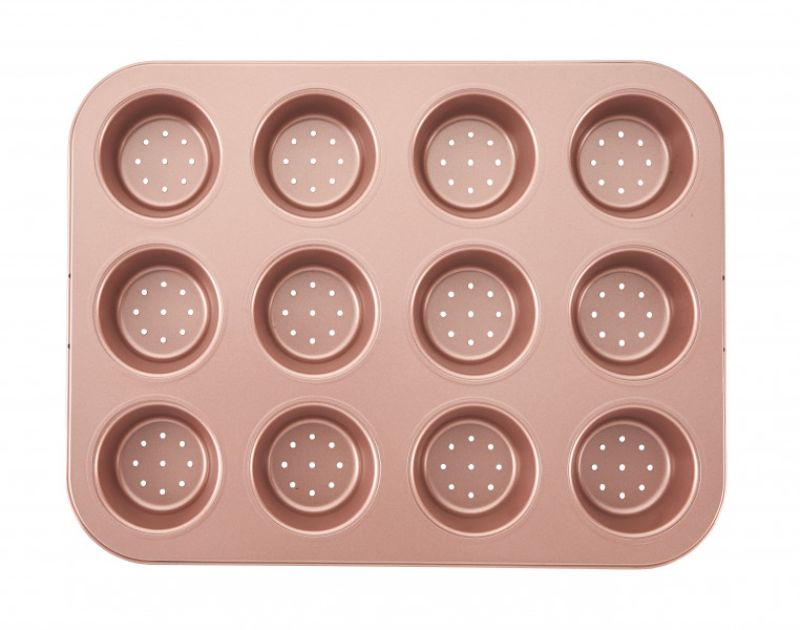 Wiltshire 12 Cup Perforated Tart & Quiche pan in rose gold, ideal for even baking and easy food release. Perfect for delightful treats!