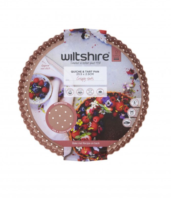 Wiltshire Perforated Round Quiche pan in rose gold, designed for even baking and easy food release, 23.5cm diameter.