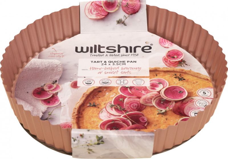 Rose gold quiche and tart pan, 24cm, with non-stick surface, removable base, and embossed measurements for perfect baking.