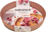 Rose gold quiche and tart pan, 24cm, with non-stick surface, removable base, and embossed measurements for perfect baking.