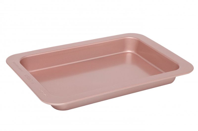 Rose gold slice pan with non-stick surface, precise measurements, ideal for baking brownies and desserts, dishwasher safe.