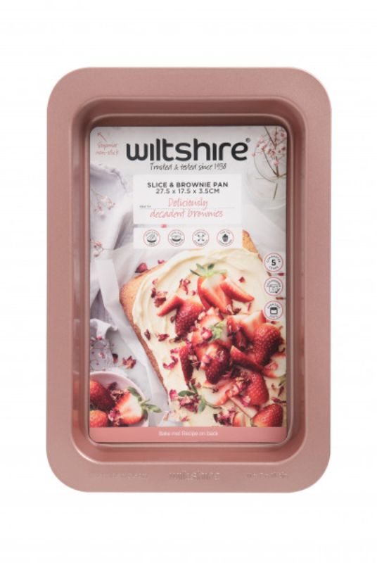 Wiltshire Rose Gold Slice Pan for baking brownies and slices, featuring non-stick surface and elegant rose gold finish.