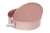 Rose gold springform pan, 24.5cm, perfect for cheesecakes, tarts; non-stick, removable base, dishwasher safe.