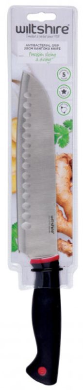 Santoku knife with 20cm stainless steel blade and anti-bacterial soft touch handle for precision and hygiene in the kitchen.