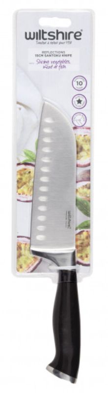 Stainless steel 15cm Santoku knife with ergonomic handle, ideal for slicing and dicing meats and vegetables.