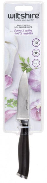 Sleek 9cm paring knife with a stainless steel blade and ergonomic handle, perfect for peeling and precise cutting.